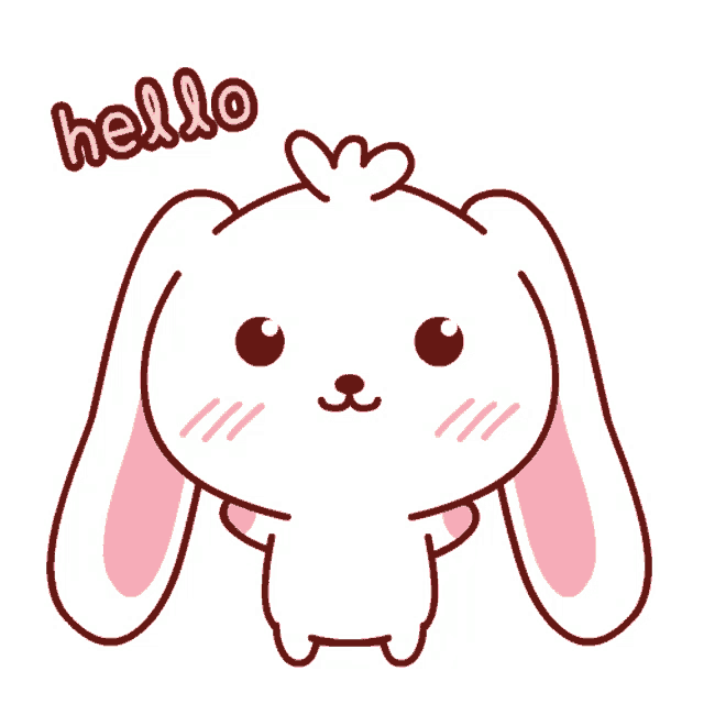 a cartoon bunny says hello with a heart shaped head