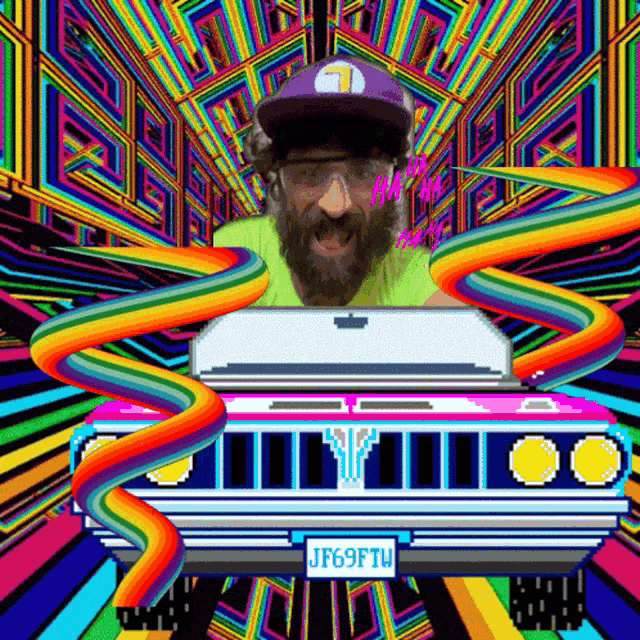 a man with a beard is driving a pink car with a license plate that says jf69ftw