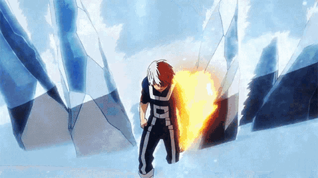 a cartoon character is standing in the snow with a fire coming out of his chest .