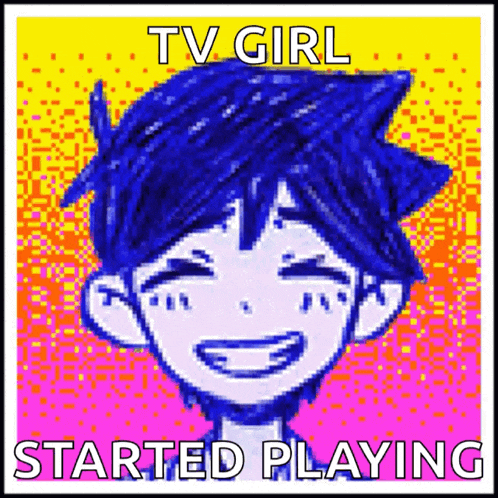 a pixel art of a boy with blue hair and the words tv girl started playing