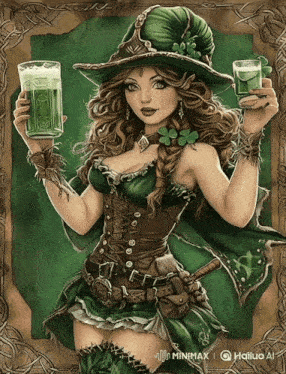 a woman in a green dress is holding two glasses of green liquid