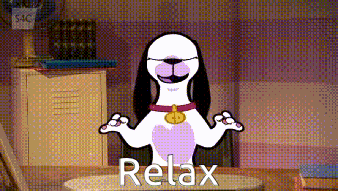 a cartoon dog is sitting at a desk with the words relax written below it