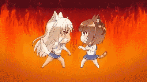 a couple of anime girls are fighting each other in front of a fire .