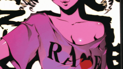 a girl wearing a pink shirt that says rage on it