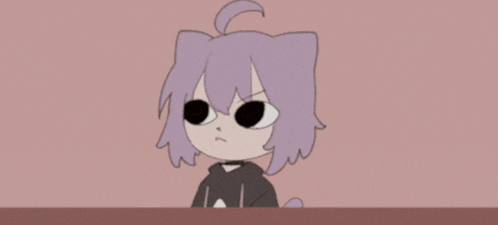 a cartoon girl with a cat ear is sitting at a table with a serious look on her face .