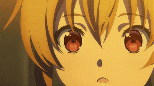 a close up of a anime girl 's face with red eyes