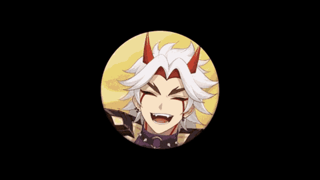 a cartoon character with white hair and red horns is in a circle .