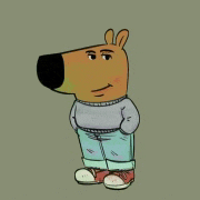 a cartoon character wearing a grey sweater and jeans