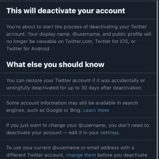 a screenshot of a page that says this will deactivate your account and what else you should know