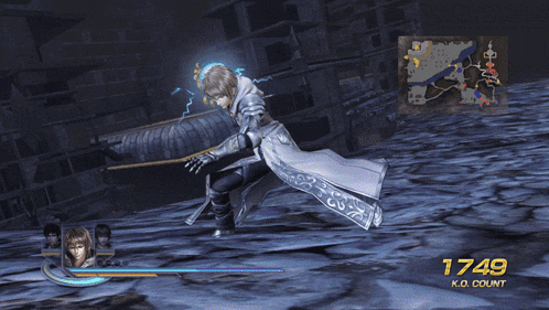 a video game screen shows a character with the number 1749 on it
