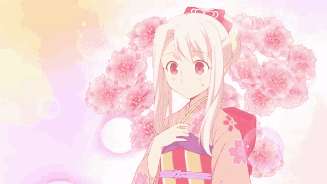 a girl in a kimono is standing in front of a bunch of pink flowers