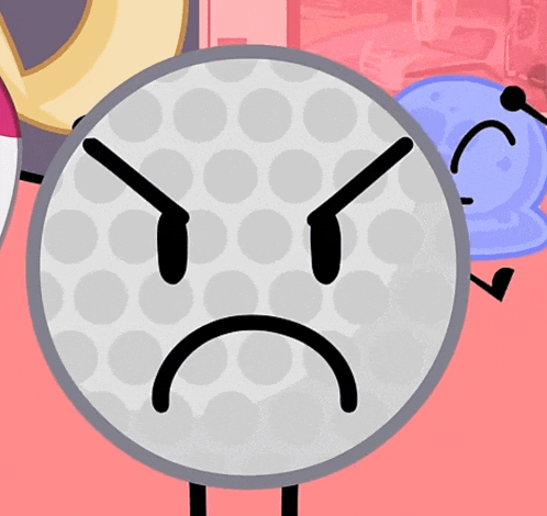 a cartoon golf ball with an angry expression on its face