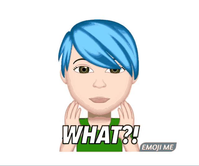an emoji of a woman with blue hair and the words what written on her face