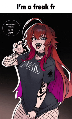 a girl with red hair and a black shirt that says freak on it