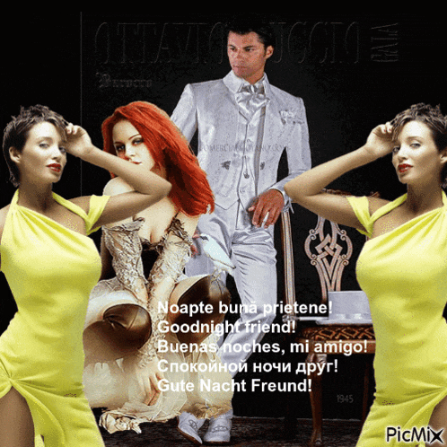 a man in a white suit stands next to a woman in a yellow dress and says goodnight friend