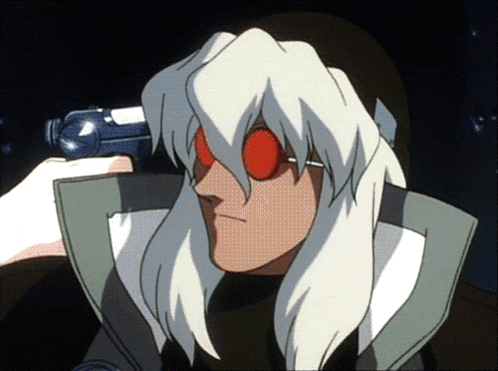 a cartoon character with long white hair and red eyes holds a gun