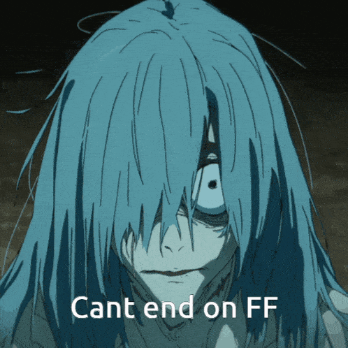 a drawing of a person with long blue hair and the words cant end on ff