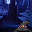 a cartoon owl is standing next to a witch hat in a dark forest
