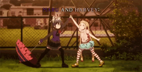 a couple of anime characters standing next to each other with maru and harvey written above them