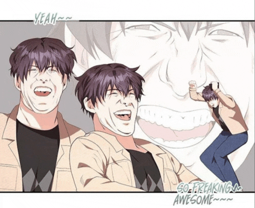a cartoon of a man laughing with the words yeah so freaking awesome