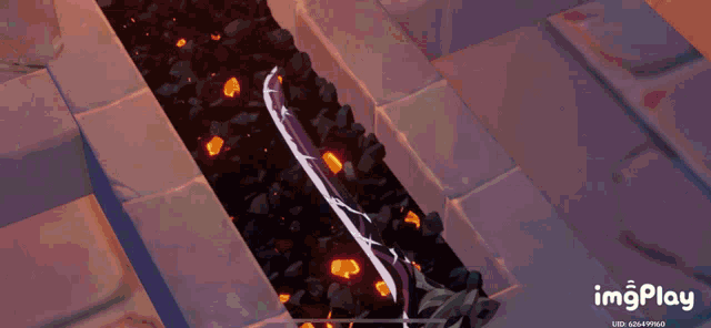 an animated gif of a sword being forged in a furnace with imgplay written on the bottom