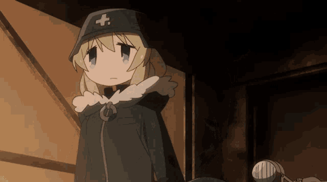 a cartoon character with a cross on her hat