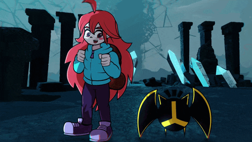 a girl with red hair is standing next to a bat