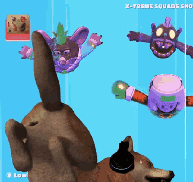 a screenshot of x-treme squads showing a rabbit and a purple monster