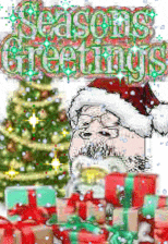 a christmas card that says seasons greetings with santa and gifts