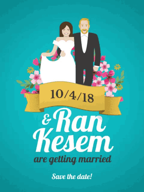 a wedding invitation with a bride and groom and the date 10/4/18