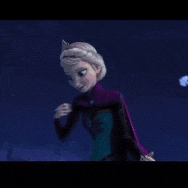 elsa from frozen is standing in the snow with a purple cape