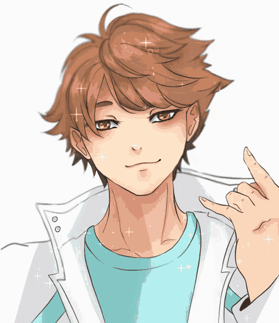 a drawing of a man with brown hair and a blue shirt