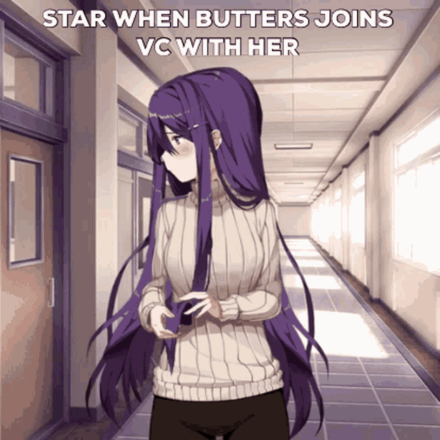 a girl with purple hair is standing in a hallway with the words star when butters joins vc with her above her