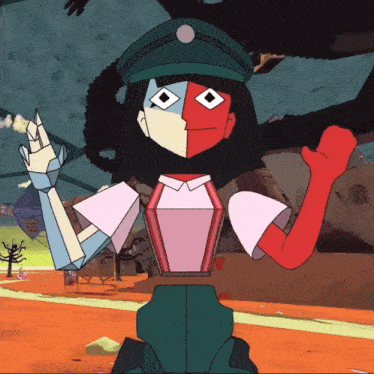a cartoon character with a green hat has a red arm