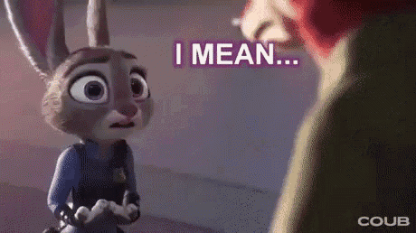 a cartoon rabbit is talking to a man and says `` i mean '' .
