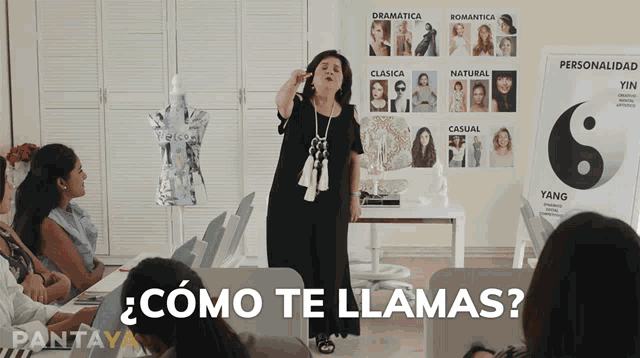 a woman stands in front of a group of people and says " como te llamas " at the bottom