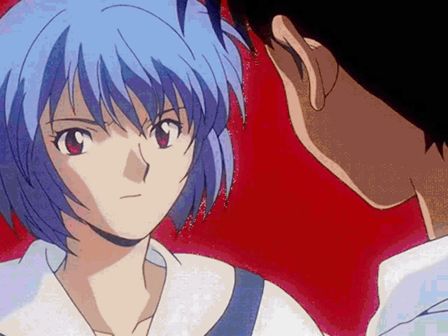 a boy and a girl are looking at each other and the girl has blue hair