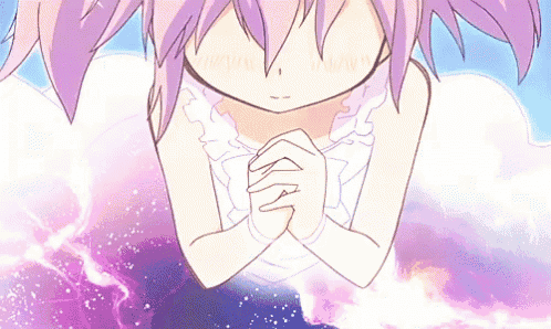 a girl with purple hair is praying with her hands folded in front of her face
