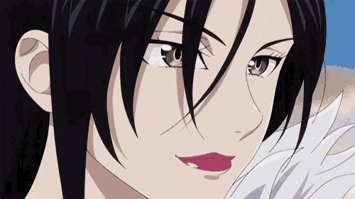 a close up of a woman 's face with a white feather behind her