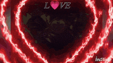 a heart with the word love on it is surrounded by red lightning