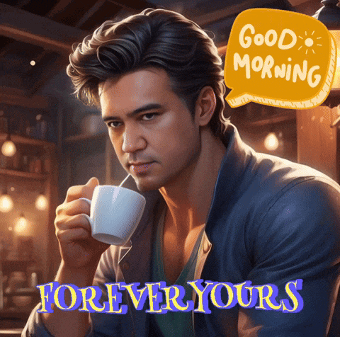 a man drinking a cup of coffee with the words " good morning forever yours " above him