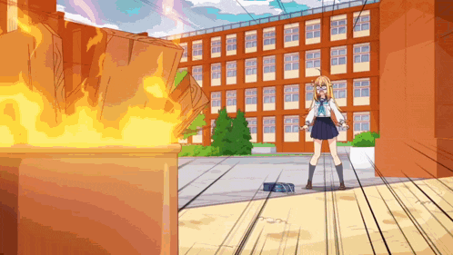 a girl in a school uniform stands in front of a burning trash can