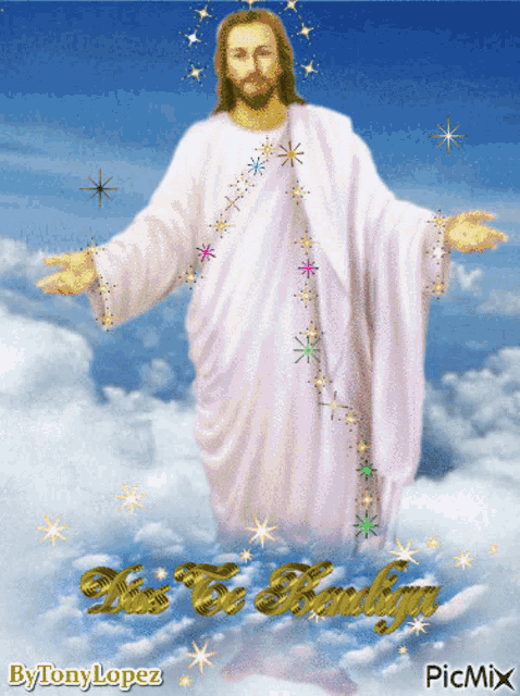 a picture of jesus in a white robe with the words " jesus el rubio " on the bottom