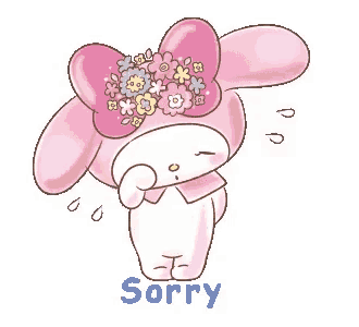 a cartoon of a bunny with flowers on her head and the word sorry below it