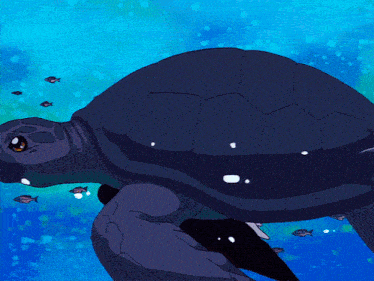 a sea turtle is swimming in the ocean with fish surrounding it
