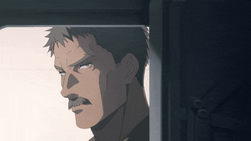 a man with a mustache is looking out a doorway