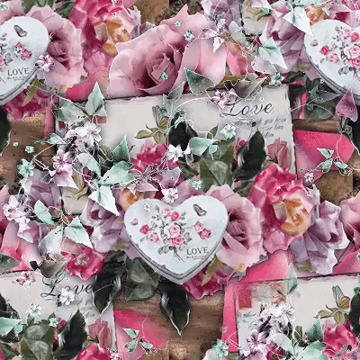 a heart with the word love on it is surrounded by pink flowers and leaves