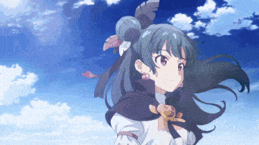 a girl with a feather in her hair stands in front of a blue sky with clouds