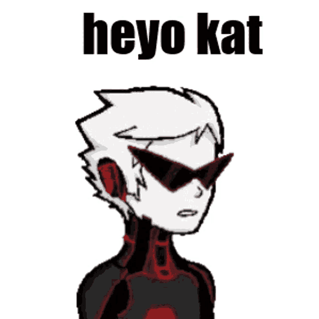 a cartoon character with sunglasses and the words heyo kat behind him