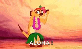a meerkat is wearing a lei and a hula skirt and dancing .